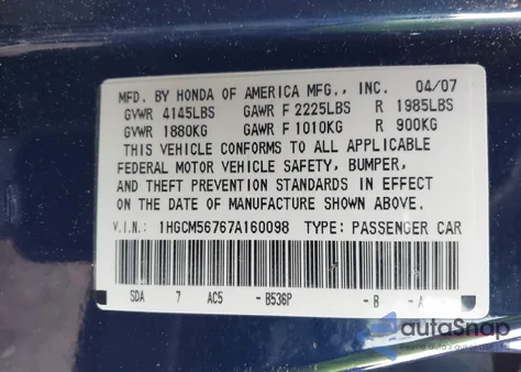 2007 Honda Accord 2.4 Ex z USA, uszkodzony, nr VIN 1HGCM56767A160098
